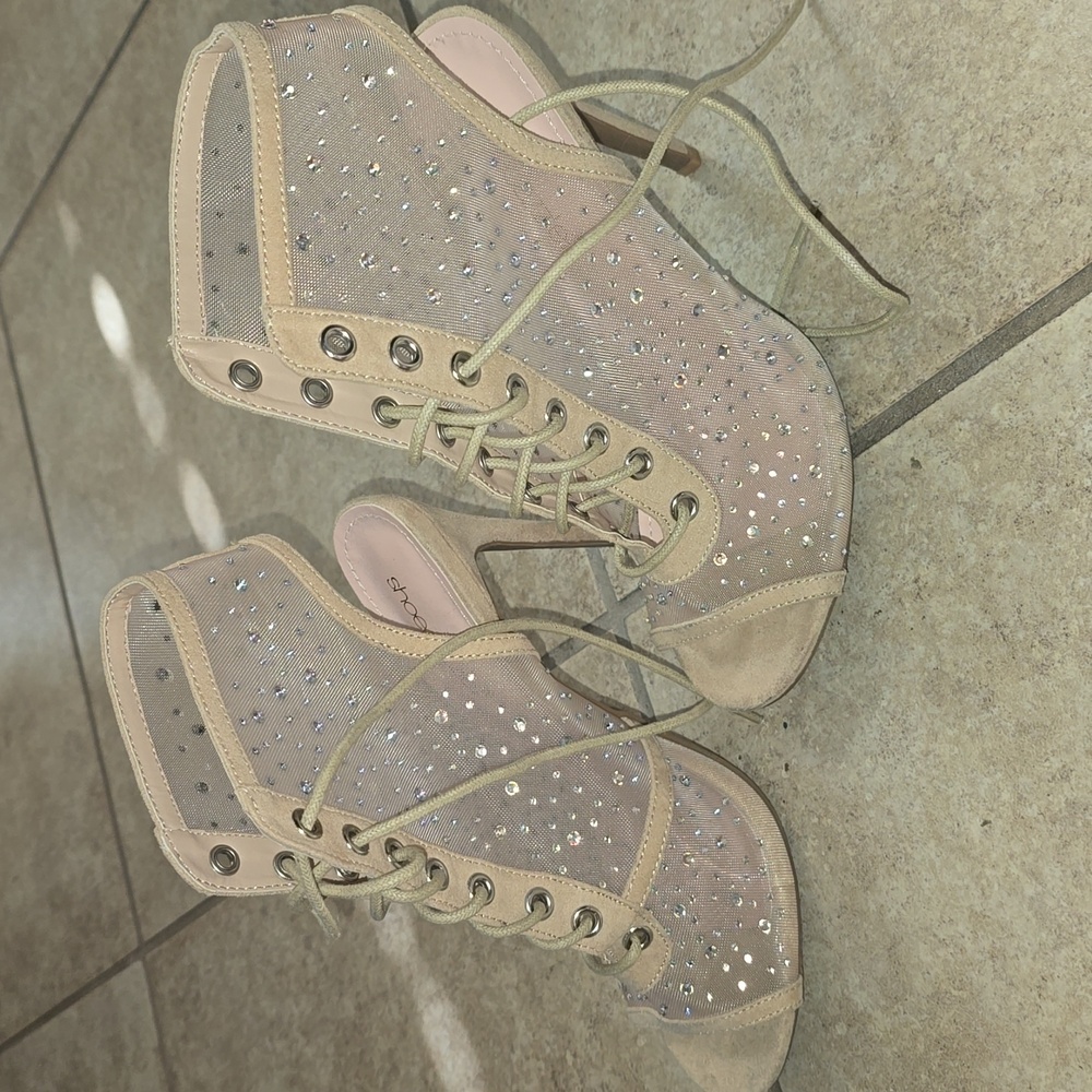 Shoe Dazzle Sparkling Tan Lace-Up Heels